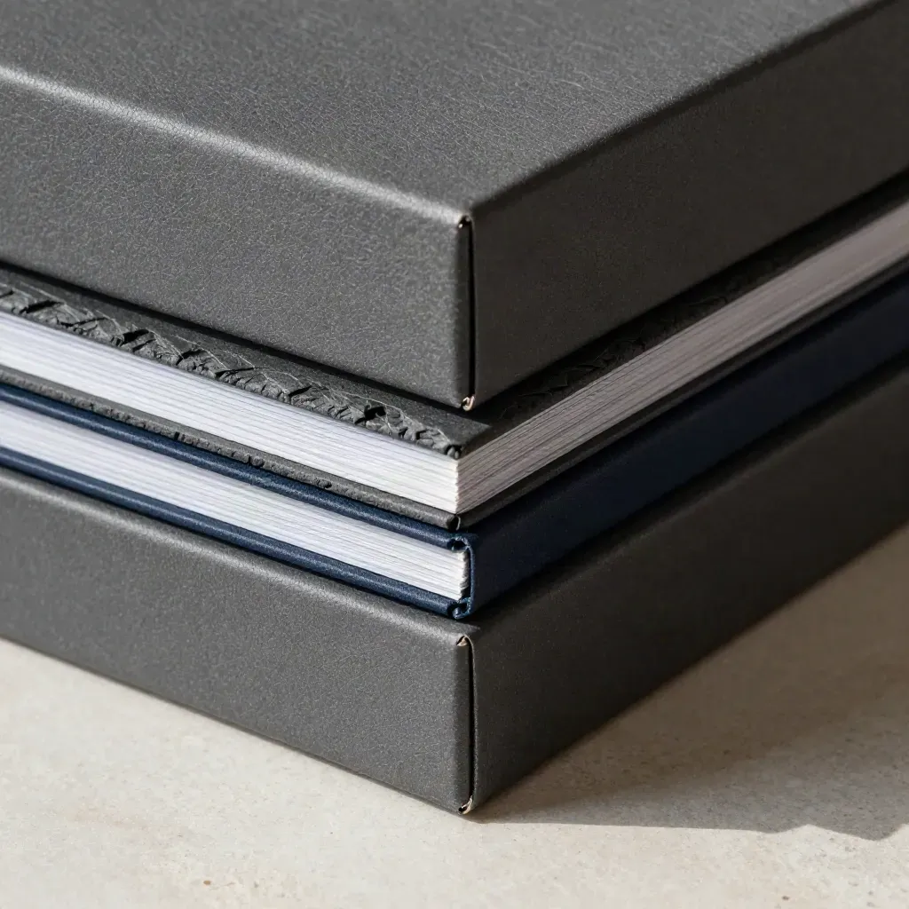 Textured investment portfolio boxes, slate block and metal edge in a close-up still life.