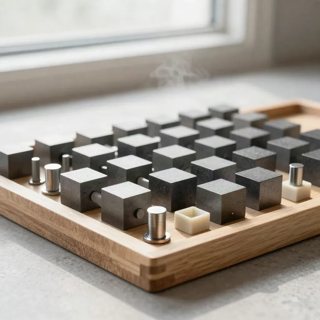 Overhead tray of graphite blocks and spacers arranged in a clean grid on pale wood.