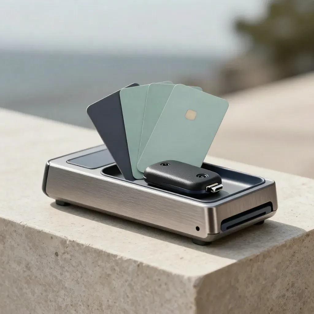 Brushed-metal payment terminal shell with smart cards, security key and puck on a stone plinth.