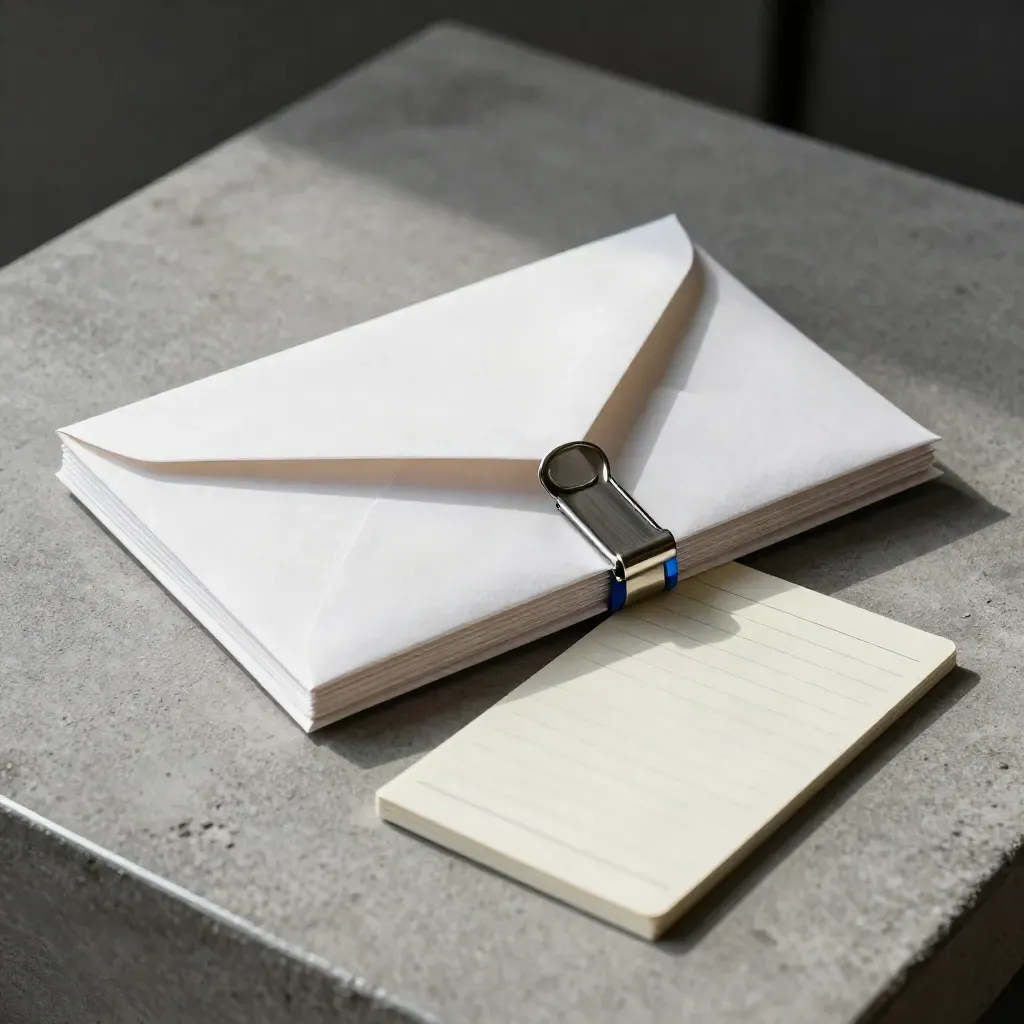 Macro still life of a sealed underwriting envelope, steel clip, and face-down ledger card on grey concrete.