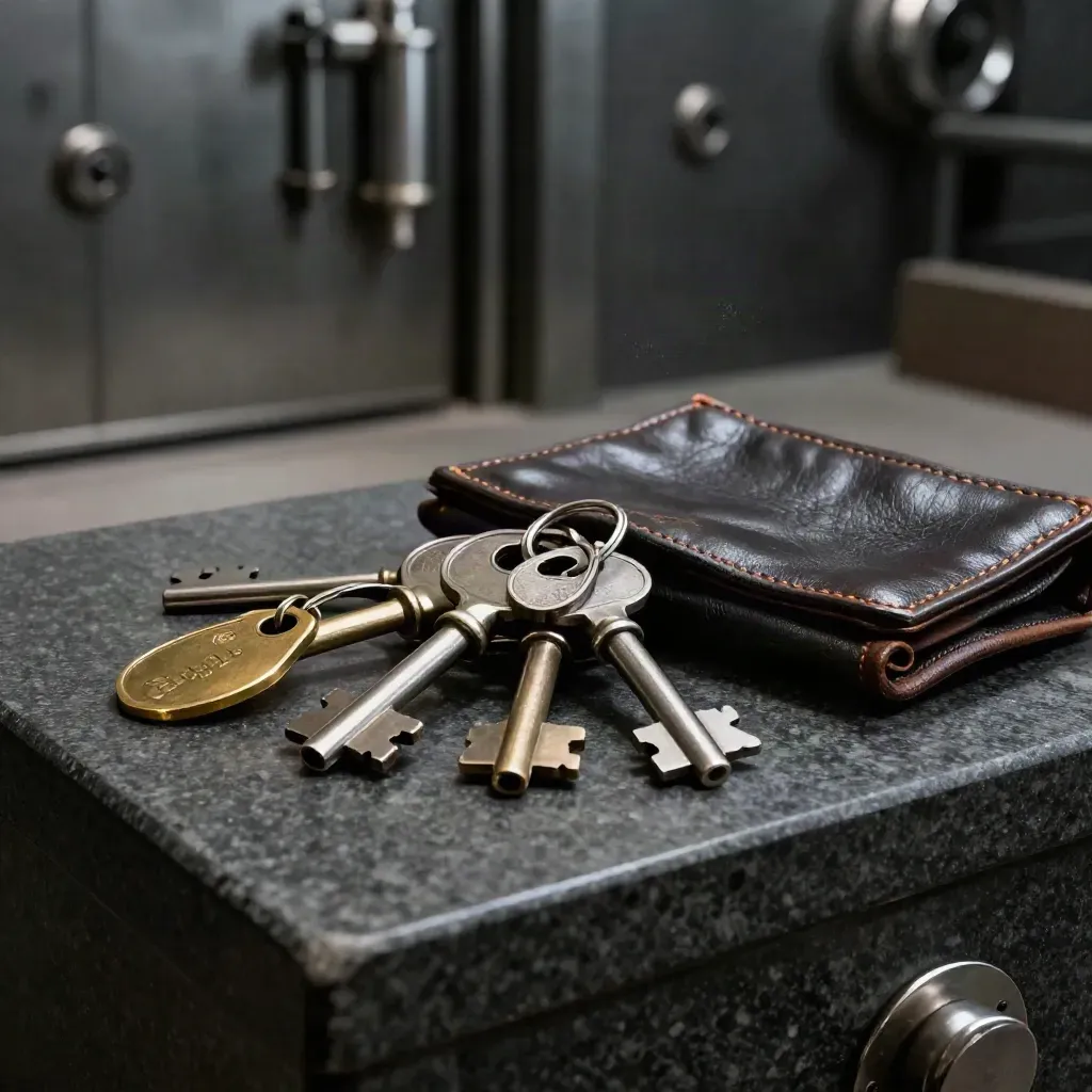Vault keys, brass tag and leather coin tray on dark stone in dramatic fintech still life.