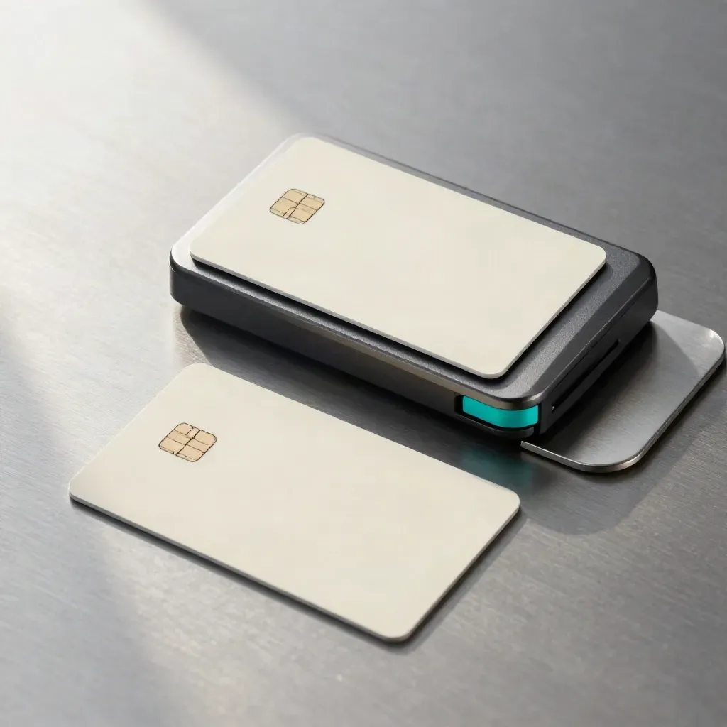 Top-down still life of payment cards, dongle and chip sleeve on brushed metal.