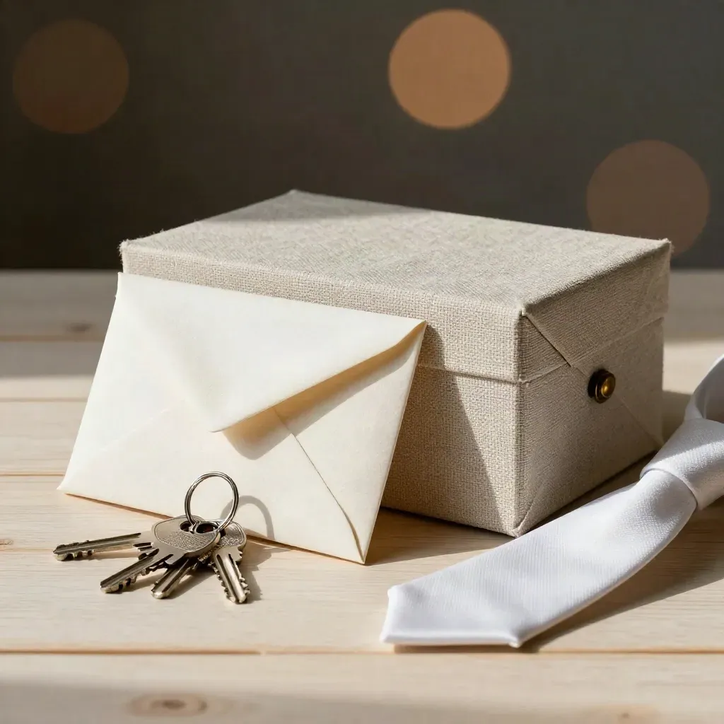 Polished keys, sealed pouch, and linen-wrapped box on pale wood with warm bokeh.