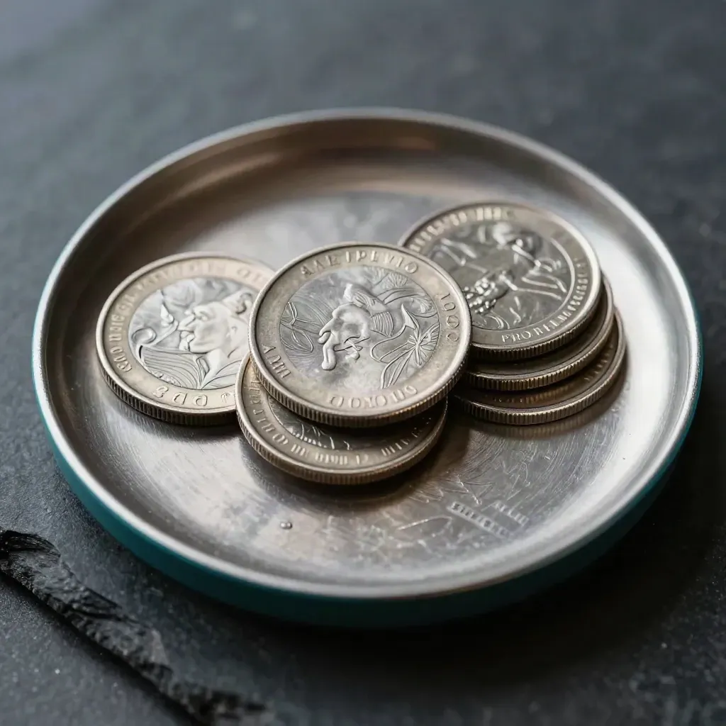 Metal ledger tokens and a balance tray on dark stone, one token settling under dramatic light.