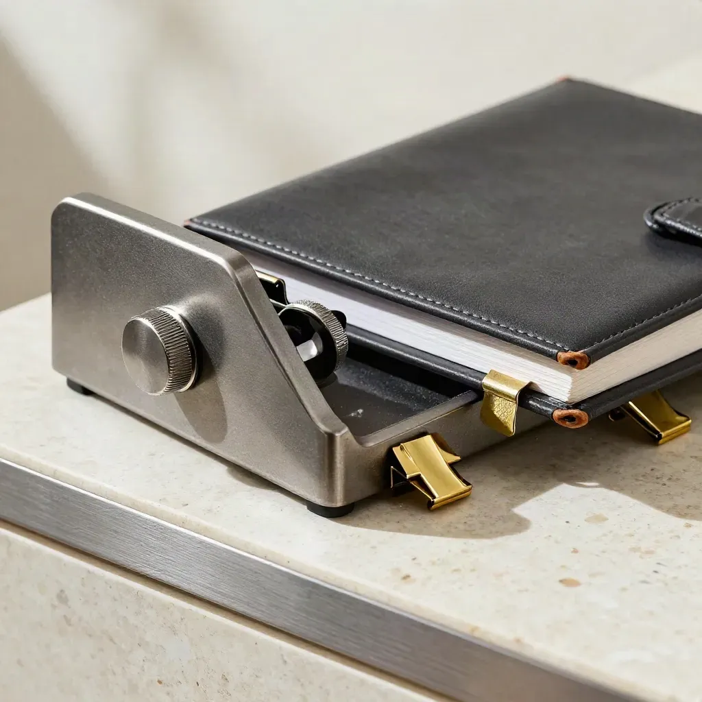 Macro still life of a metal account counter, closed ledger book, and brass clips on travertine.