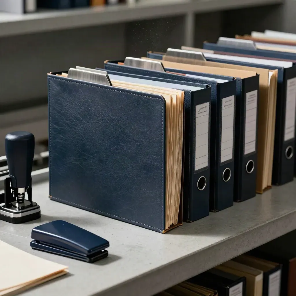 Closed loan folders, seal press, and transfer clip arranged in a shifting lending queue.