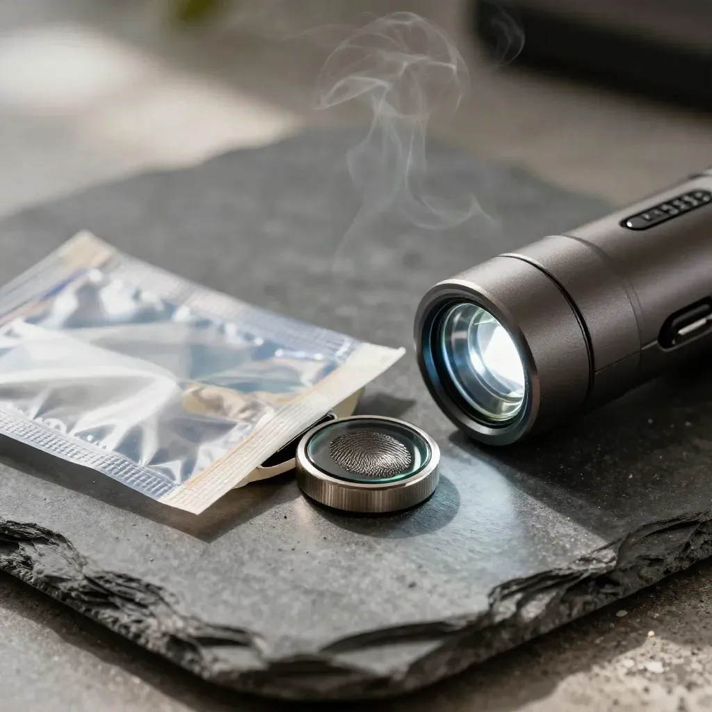 Opened tamper-evident pouch, biometric token, and UV inspection lamp on slate stone