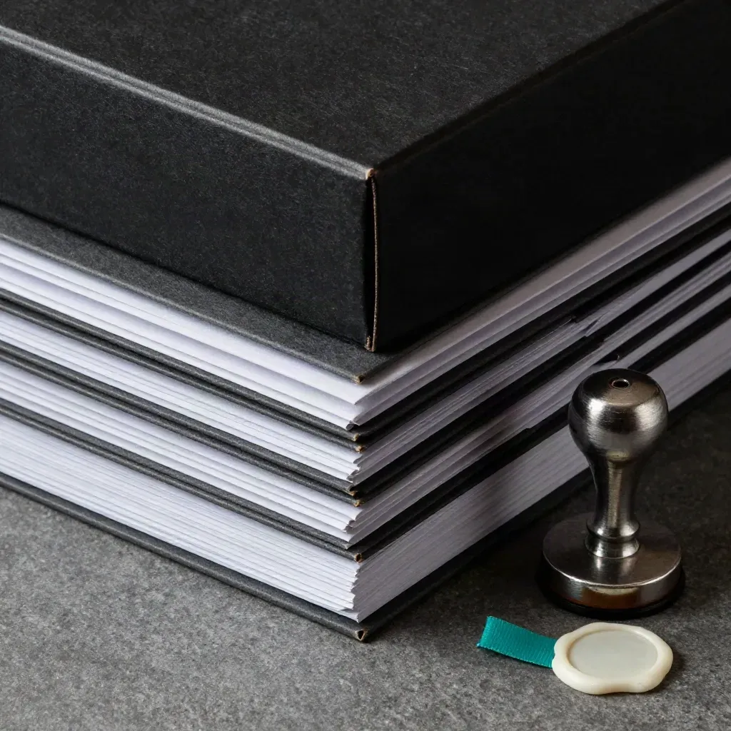 Black archive box, sealed envelopes and a metal stamp on graphite stone.