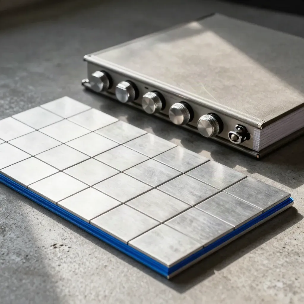 Metal tally tiles, report binder and mechanical counter in a dramatic fintech still life.