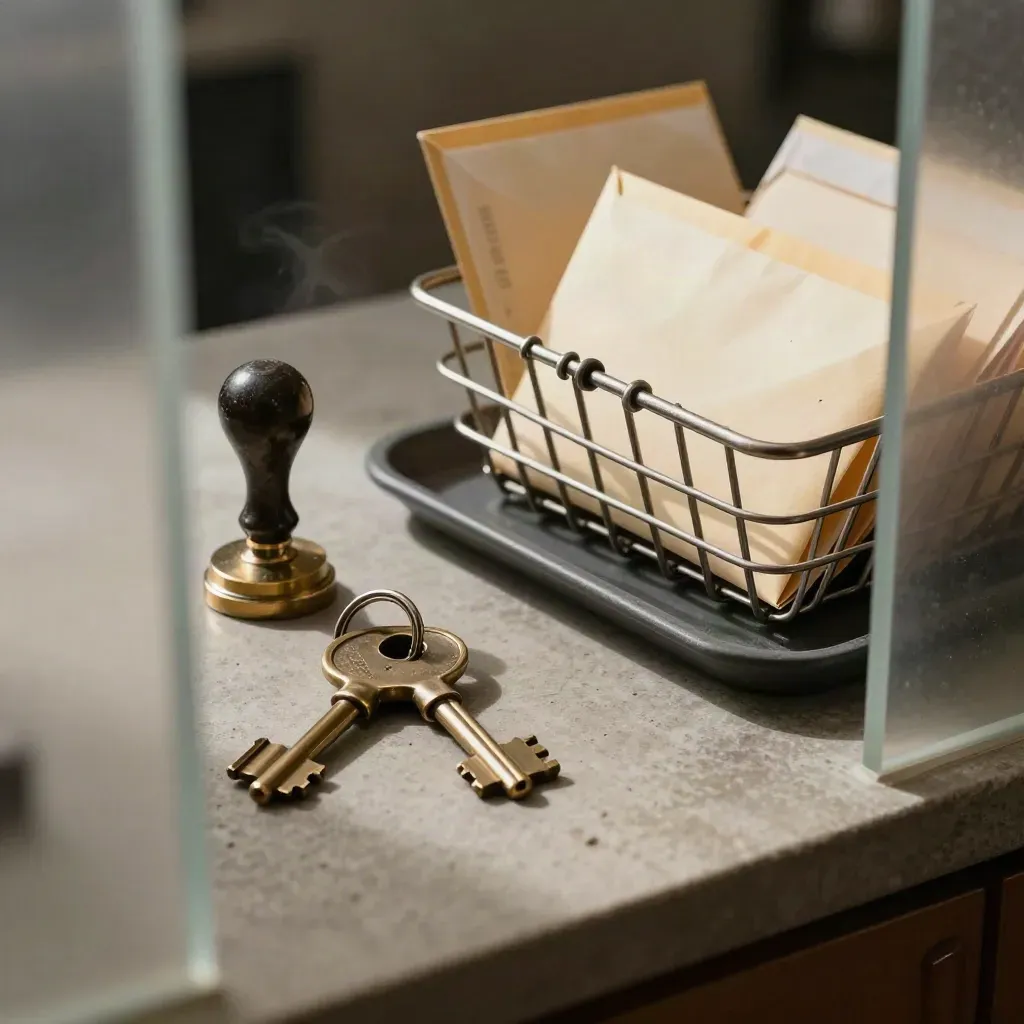 Vault keys, seal stamp and cash envelopes behind frosted glass, lit by soft daylight.