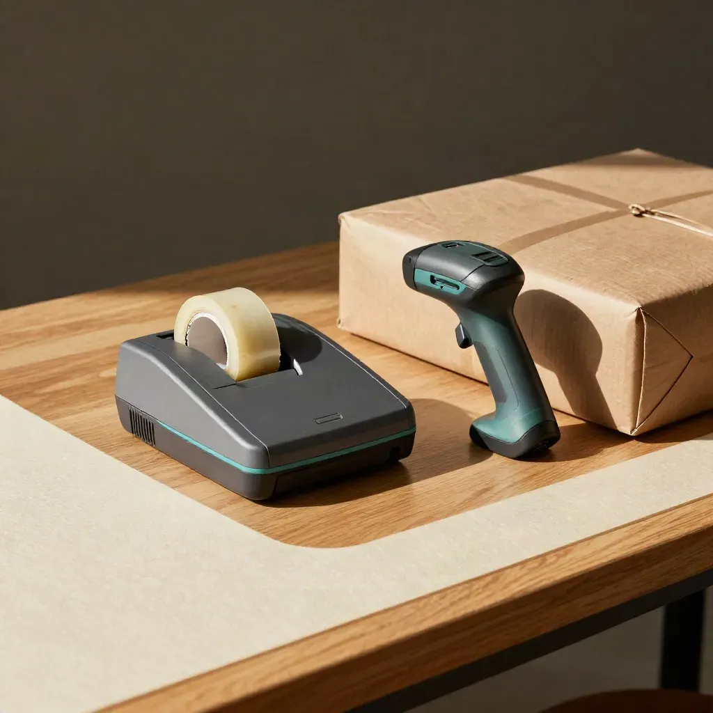 Card reader, tape dispenser, scanner shell, and sealed parcel on a honey oak packing bench.