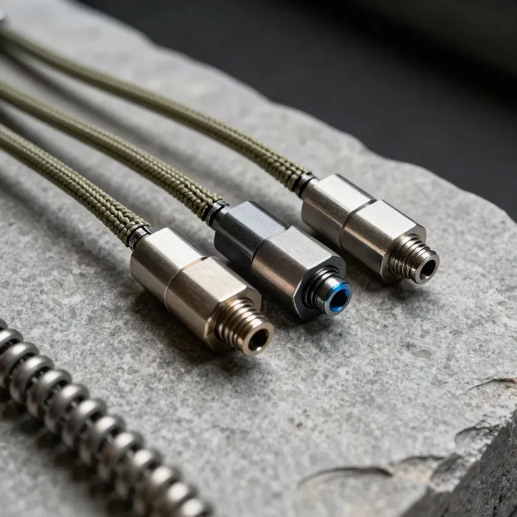 Connector blocks and braided leads aligned on stone under soft light.