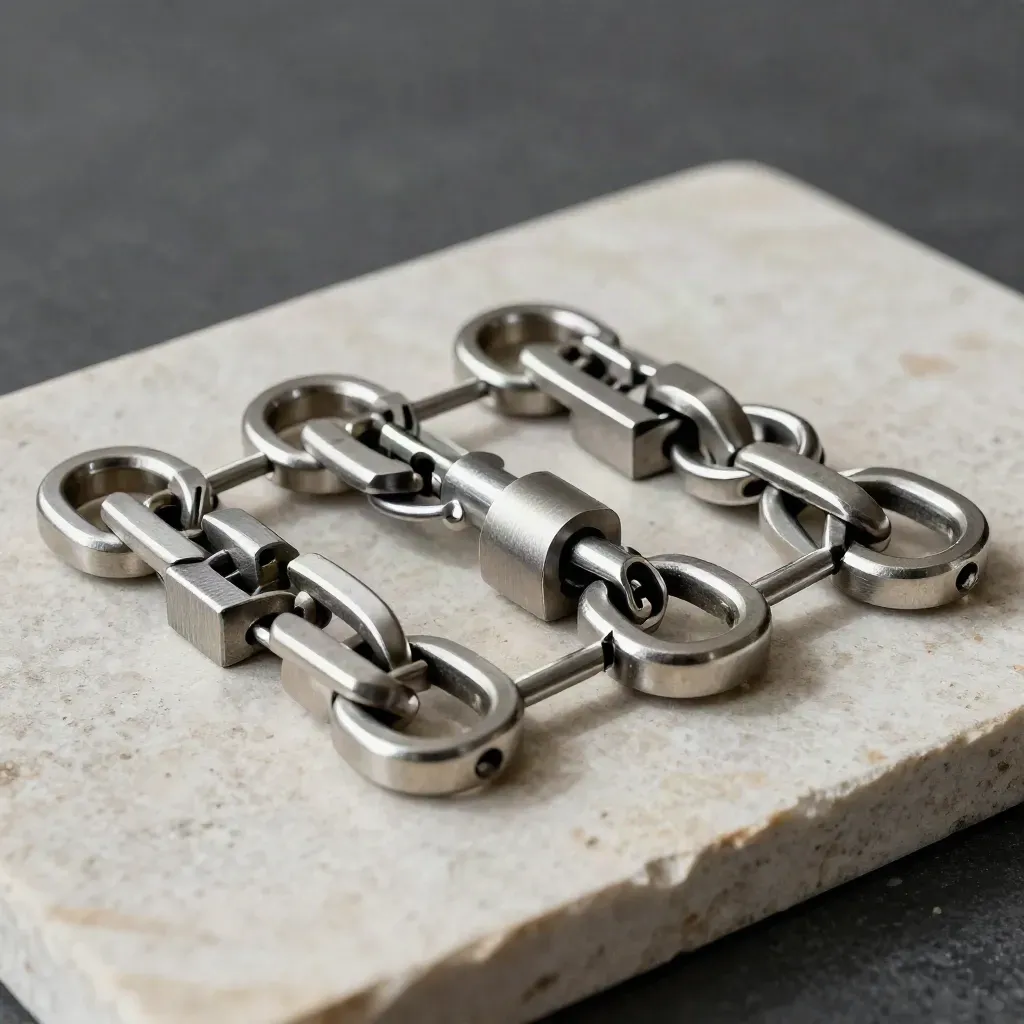 Machined metal links and a magnetic connector puck on pale stone, lit in dramatic studio haze.