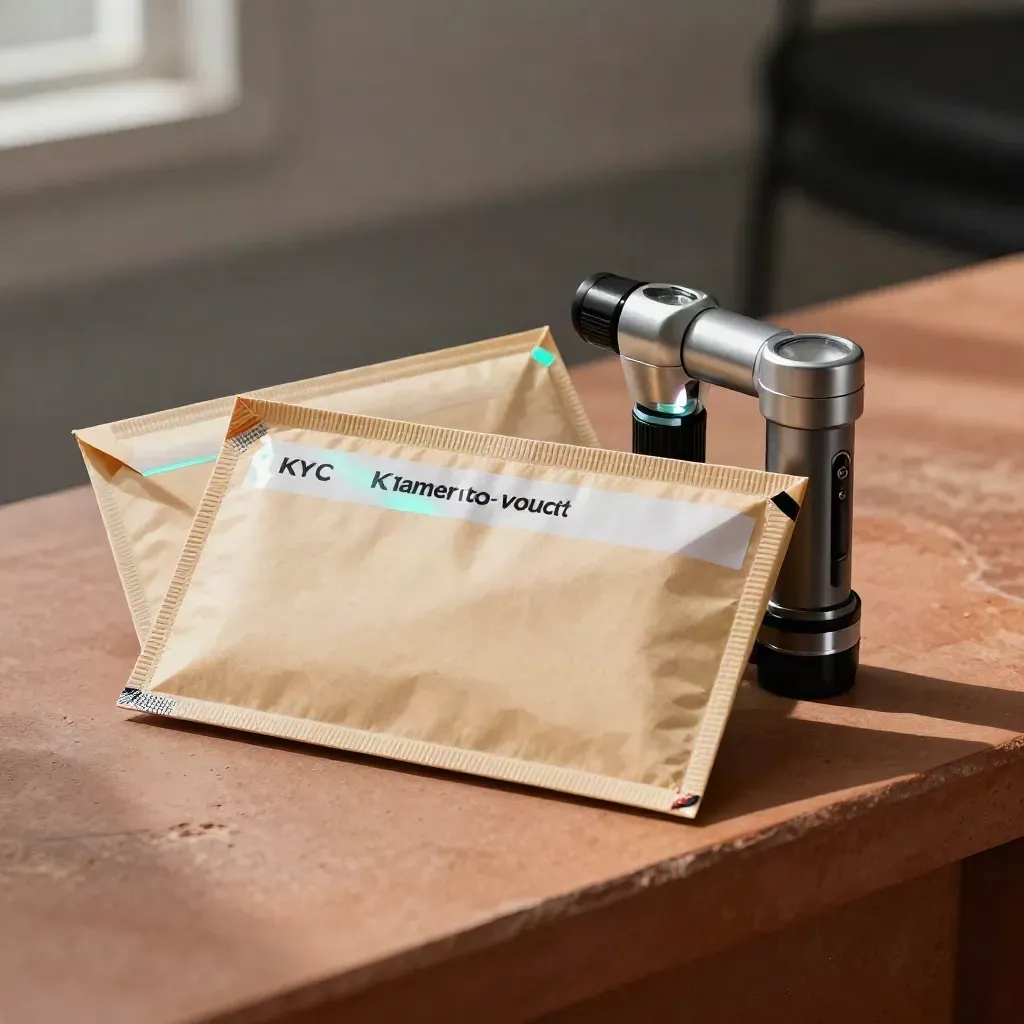 Tamper-evident pouch, evidence envelopes, and UV torch on a smoky terracotta inspection ledge.