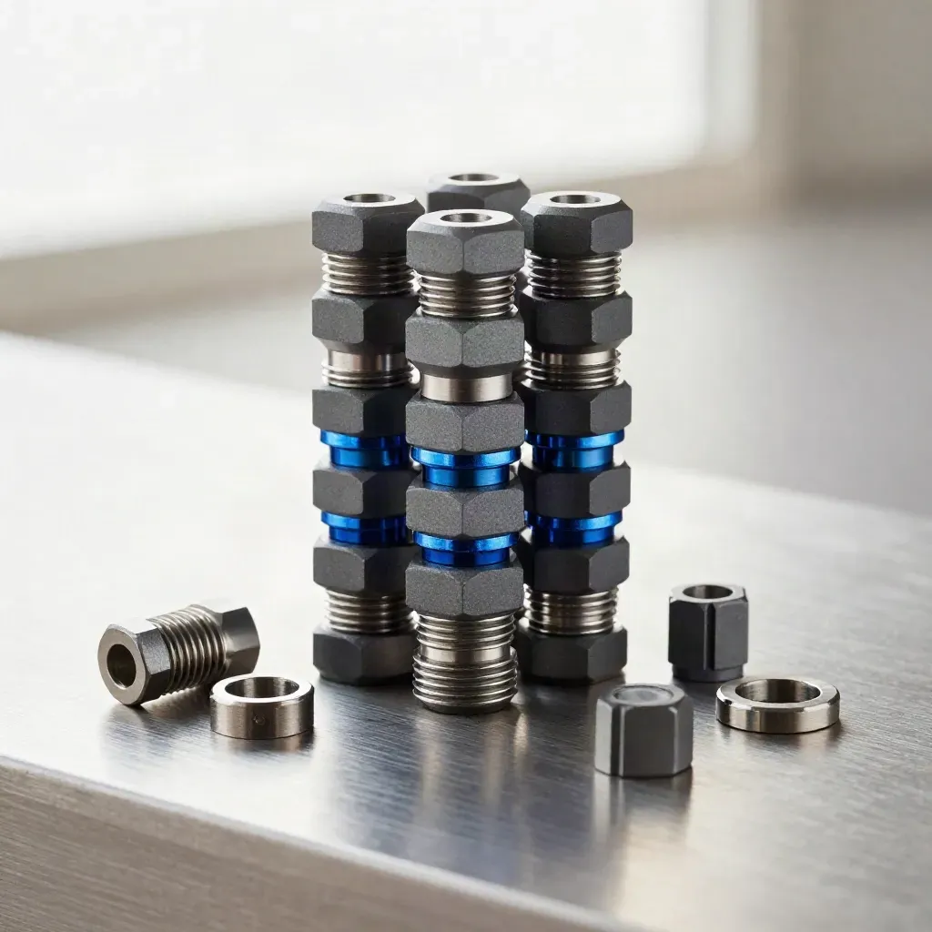 Macro still life of stacked graphite connector blocks and hex standoffs on brushed metal.