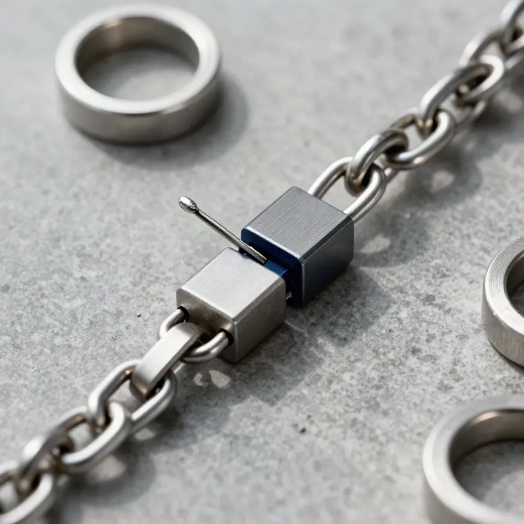 Top-down macro of linked aluminum rings, workflow blocks, and latch pin on stone with navy accent.
